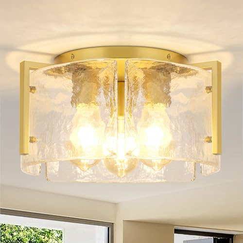 IRONDELIC Gold Deckenleuchte mit Glasschirm, 3 Flammig Moderne LED Deckenlampe Rund, Inkl. Warmweiß E27-Birne für Schlafzimmer, Wohnzimmer, Esszimmer Arbeitszimmer Küche Flur, Ø38CM
