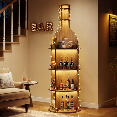 Tribesigns Weinregal, 190 cm Industrielles Rundes Weinschrank mit Hängenden Kelchhaltern, Stehende Flaschenregal für Wohnzimmer, Keller, Braun, Esszimmer(Ohne Beleuchtung, 1PC)