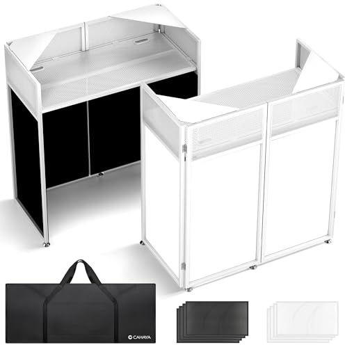 CAHAYA Tavolo da DJ portatile pieghevole – Professionale DJ Booth con pannelli in tessuto nero e bianco, robusto telaio in metallo, gestione dei cavi e borsa per il trasporto, workstation DJ per