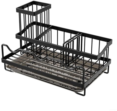 Porte-éponge pour évier de cuisine avec distributeur de savon et organisateur de brosses pour un drainage rapide de l'eau et une efficacité spatiale (noir)