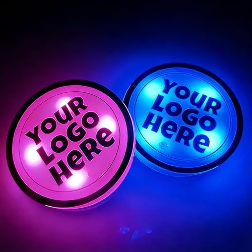 2PCS Custom LED Car Cup Holder Coasters, Personalised Logo Light Up Car Coasters, Rechargeable Waterproof Acrylic Cup Holder Lights with Smart Sensor & 7 Colours Ambient Lighting