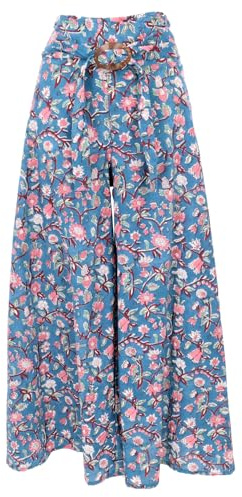 GURU SHOP Luftige Sommerhose mit Kokosschnalle, Boho Palazzohose, Weite Baumwollhose - Blau/pink, Damen, Size:M