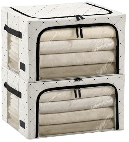 Periea Beau 2 Pack Storage Boxes 33L (40x33x25cm) – Collapsible Stackable Fabric Organisers Storage Bags with Steel Frame, Front Window & Top/Front Zip Access – (Black Dot)
