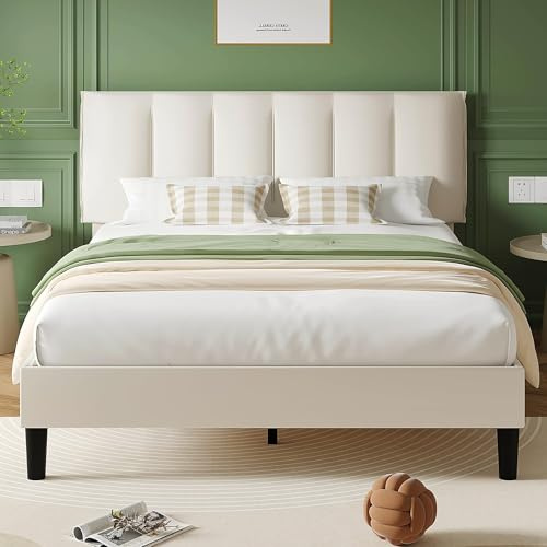 VECELO Lit Double Rembourré 140x190 cm, Sommier Plateforme avec Support à Lattes en Bois Solide, Tissu Velours, Assemblage Facile, Crème