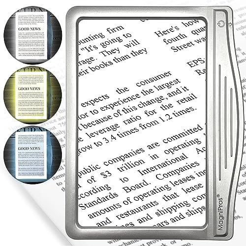 MagniPros 3X Large Ultra Bright LED Page Magnifier with 12 Anti-Glare Dimmable LEDs (Provide More Evenly Lit Viewing Area & Relieve Eye Strain)-Ideal for Reading Small Prints & Low Vision & Aging Eyes