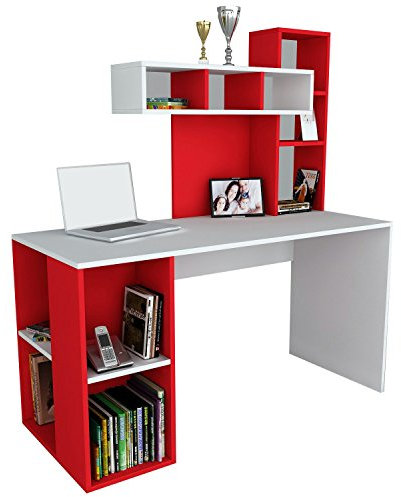 moebel17 1186 Coral Schreibtisch Computertisch Arbeitstisch Bürotisch Laptoptisch PC-Tisch, Weiß Rot, Holz, integriertes Regalelement, viel Stauraum, große Arbeitsfläche, 140 x 60 x 153,8 cm