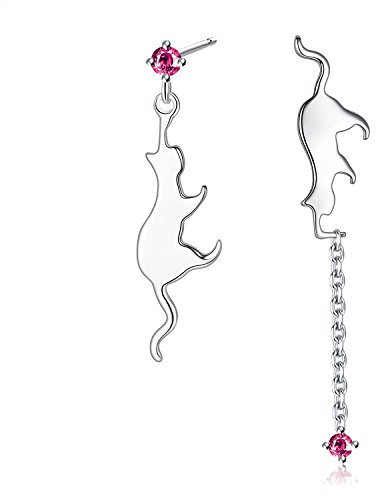 VIKI LYNN Boucles d’oreilles pendantes chat mignon boucle d’oreille clou en argent fin 925 et zircon rouge cadeau noël anniversaire femme fille