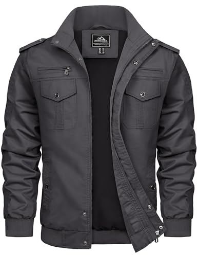 TACVASEN Herren Übergangsjacke Frühlingsjacke Stehkragen Cargo Jacke Militär Baumwolle Arbeitsjacke mit Vielen Taschen