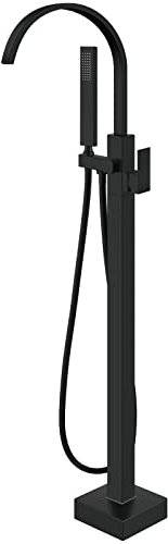 Aolemi Schwarzer freistehender Badewannen-Einfüllhahn, Bodenmontage, Badezimmer-Wasserfall-Wasserhahn, Messing, schwenkbarer Auslauf, Einzelgriff mit Handbrause