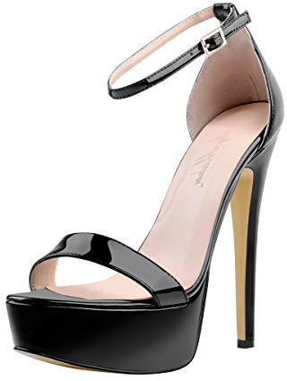 Only maker Damen Plateau Sandaletten Glitzer Metallic Sandalen Pumps Riemchensandalen High Heels Stiletto Lack Schwarz 41 EU
