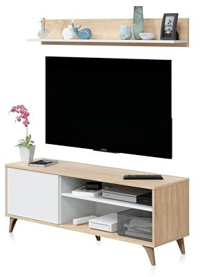 Habitdesign Modulo TV con Estante, Mueble de Salon, Juego de Muebles, Modelo Kikua Plus, Acabado en Blanco Artik y Roble Canadian, Medidas: 135 cm (Ancho) x 50 cm (Alto) 40 cm (Fondo)