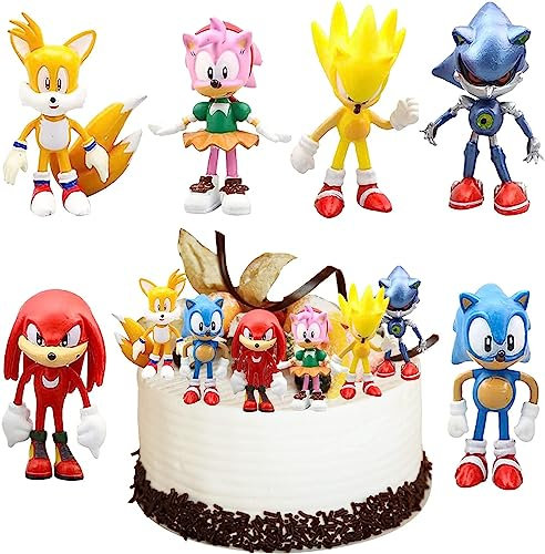 WELLXUNK® Sonic Cake Topper, 6 Pieces Sonic Figures Set, The Hedgehog Cake Decoration Figures, Sonic Mini Figures Set, Birthday Cake Decoration for Kids, Cartoons Cake Topper Party Decoration