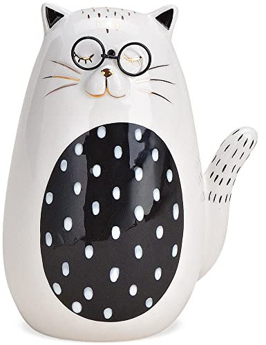 matches21 Katze mit Brille Dekofigur Katzenfigur modernes Design Keramikkatze Keramik weiß & schwarz 1 STK 9x12x7 cm