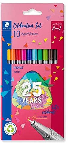 STAEDTLER Fineliner triplus celebration Set, ergonomischer Dreikantschaft, superfeine 0,3 mm Spitze, lange Lebensdauer, Jubiläums-Promotion: 8 + 2 Fineliner in sortierten Farben, 334 BK10 TA