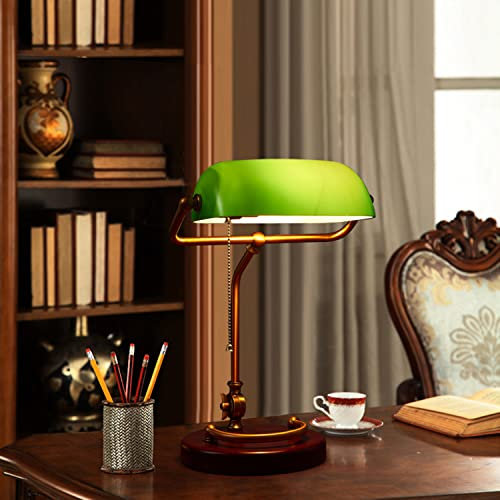 Traditionelle Bankerlampe Grünmit Zugschalter, Retro Schreibtischlampe Bankers Lamp, Messing Finish, mit Nostalgie Grün Glasschirm Und Holzfuß, E27 Nachttischlampe Verstellbar Bürolampe,Inkl Glühlampe