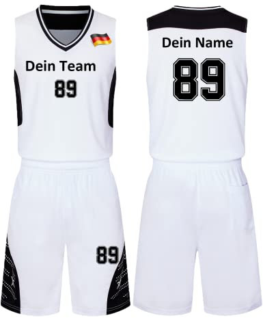 HDSD Benutzerdefiniert Trikot Kinder Erwachsene Basketball Jersey & Shorts 2 Teiliges Set Name Nummer Team Logo Personifizieren Basketball Trikots (Weiß)