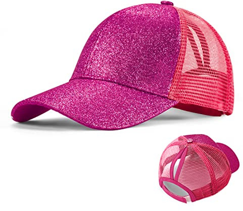 Mädchen Basecap Kinder Glitzer Baseball Cap Pferdeschwanz Hüte Glänzende Verstellbare Sonnenhut Kleine Mädchen Sommer Baseballkappe für 3-8 Jahre alt Rosarot