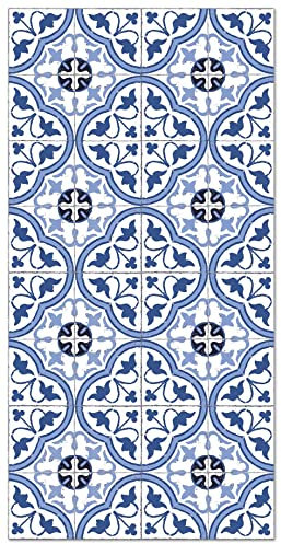 Panorama Tapis Vinyle du Sol Cuisine Salle de Bain - Différentes Tailles - (Carreaux Ciments Fleur Bleu 60x110 cm)