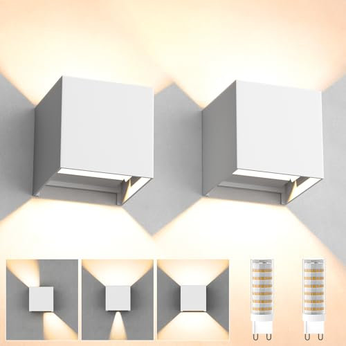 YrgePowk 2er Wandleuchte Innen - Aussen, Wandlampe Innen mit Austauschbarer G9 LED Birne, Außenwandleuchten Warmweiß IP65 Wasserdichte Einstellbar Abstrahlwinkel Aussenleuchten Weiß