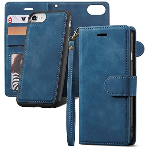 QLTYPRI Étui pouriPhone 7/8/SE 2020/SE 2022, Housse Amovible Détachable Magnétique Porte-Cartes Étui à Rabat avec Support Compatible avec iPhone 7/8/SE 2020/SE 2022 5G - Bleu