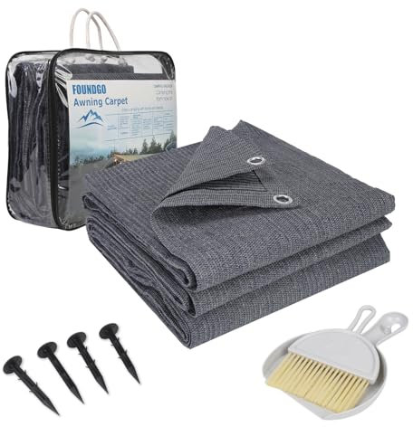 FoundGo Awning Carpet with Eyelets, 250x350cm 280g/m² HDPE Camping Carpet,Outdoor Awning Floor with Carrying Bag,Ground Nails and Small Broom, Blue/Grey