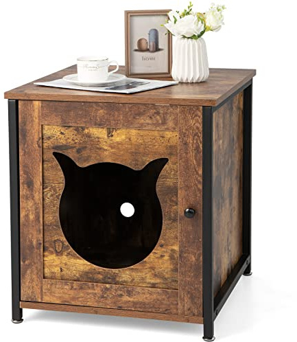 GYMAX Meuble Litière 3 en 1 pour Chat, Niche Style Industriel avec 3 Trous d’Aération, Maison de Toilette pour Chat Petit et Moyen,50 X 53 X 54 CM
