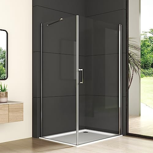 Duschkabine Schwingtür mit Seitenwand 90x75cm Eckeinstieg Duschabtrennung, Silber Einzelschwingtür mit festem Seitenteil, Duschwand mit 6mm NANO ESG Glas, Pendeltür Höhe 195cm