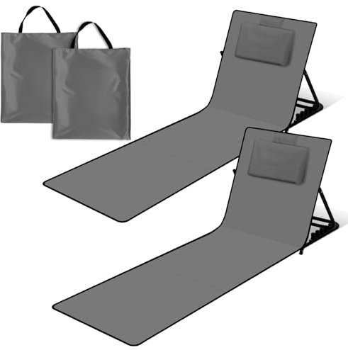 Izrielar Strandmatte 2X, Strandliege Klappbarer Beachmatte, 5-stufig Verstellbar Rückenlehne, mit Kopfkissen und Staufach, Tragbar Sonnenliege Strand, Faltbar Beachmatte Liegestuhl für Camping, Grau