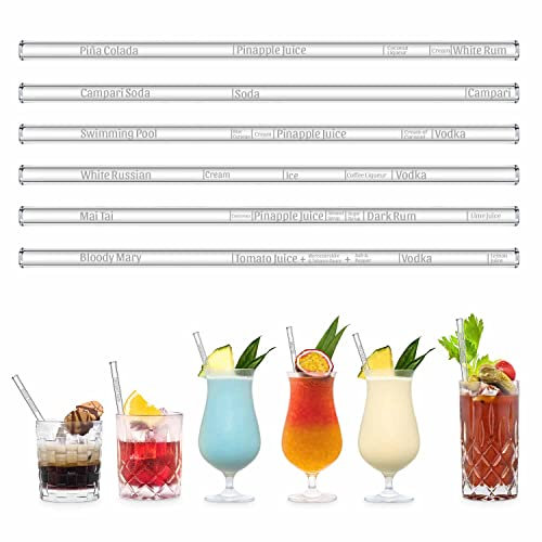 HALM Glasstrohhalme 6x graviert mit Cocktail Rezepten Glastrinkhalme mit Maßen für perfektes Mixen Mai Tai, White Russian, Pina Colada, Bloody Mary, Swimming Pool, Campari Soda Strohhalme