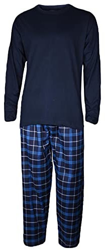 Mens Pyjama Set Tshirt Pyjamas Men Pjs Loungewear Check Woven Sleepwear Pajama Bottom Nightwear Long Sleeve T-Shirts Checked Pjama Lounge Pants Tee Top Blue L