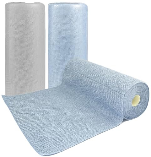 JinPhon 60Pcs Rouleau de Chiffon Microfibre Déchirable - Essuie-Tout Réutilisable Lavable, Très Absorbant sans Traces 24.5x24.5cm (Gris/Bleu) pour Cuisine, Salle de Bain, Voiture