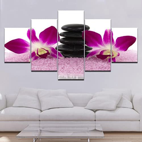 3D Bilder Wohnzimmer Wandbilder Modern Wandbild Leinwand Bilder 5 Teilig Orchideen Und Zen-Steine Wanddekoration Design Wandkunst 5 Stücke Leinwand Kunstdruck (Ungerahmt 150 X 80 Cm) -8D6P/P6A8-9M4C+