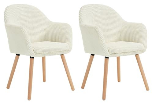WOLTU Sillas Comedor Estilo Vintage Juego de 2, Silla Cocina, Silla Nordica con Respaldo y Reposabrazos, Tela Pana, Estructura de Madera, Sillas para Tocador, Escritorio, Crema, EZS26cm-2