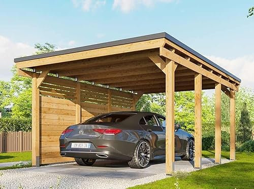 Direct ABRIS Carport Bois CASTELLANE 373X555 Panneau Latéral Intégré - Toiture en Bois + Feutre Bitumeux - Abris Voiture - Autoclave - 1 Voiture - Garanti 5 Ans