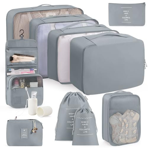Anjing Packing Cubes 11-teilig, Koffer Organizer, leichte Reisegepäck-Organizer, wasserdicht, platzsparend, Packwürfel für Koffer, travel Organizer, Grau