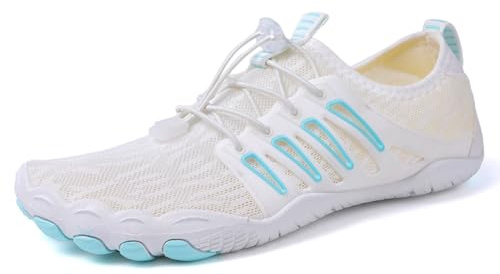 AONEGOLD Water Shoes - Mens & Womens Barefoot Aqua Shoes, Quick Dry, Yoga, Snorkeling, Surfing, Beach & Fitness Shoes (White Blue, Size 5)