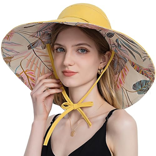 WANYIG Cappello Donna Estivo con Visiera Doppio Lato Cappello Pescatore Tesa Larga 13cm Cappello Sole Outdoor Anti UV Traspirante Pieghevole Cappelli per Pesca 56-58CM（Giallo）