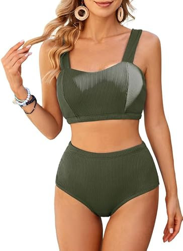 JASAMBAC Bikini-Sets FüR Damen, Bikini-Oberteil Und Bauchweg High Waist Bikini-Unterteile Badebekleidung Weiche Bademode Elastische BadeanzüGe Gerippt Bademode Bescheiden Schwimmanzug