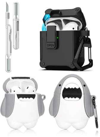LEWOTE 3 in 1 Kompatibel mit Apple Airpods (2nd/1st Generation) Schützende Lustige Nette Fall Abdeckung mit Reiniger Kit Schlüsselanhänger (Shark)