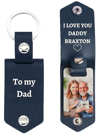 Porte-clés en cuir personnalisé avec photo/texte pour hommes et femmes, porte-clés photo personnalisés, cadeaux commémoratifs pour les amoureux de la famille (Bleu marine)