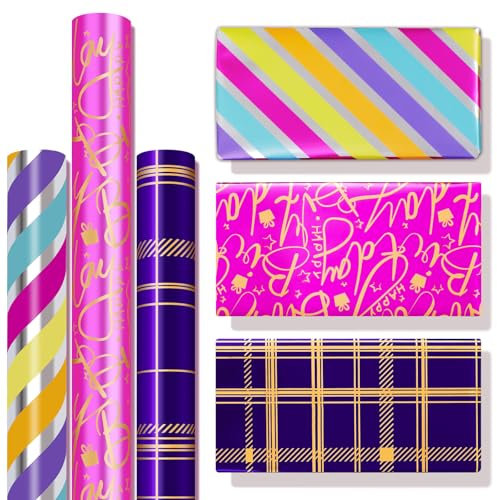Zindoo Geschenkpapier Weihnachten Kinder, 3 Rolle 43x300cm Bunte Streifen, Klassische Blaue Quadrate, Rosa Happy Birthday Kunsttext Glänzen Designs, Perfekt für Mädchen, Jungen oder Baby