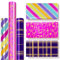Zindoo Geschenkpapier Weihnachten Kinder, 3 Rolle 43x300cm Bunte Streifen, Klassische Blaue Quadrate, Rosa Happy Birthday Kunsttext Glänzen Designs, Perfekt für Mädchen, Jungen oder Baby