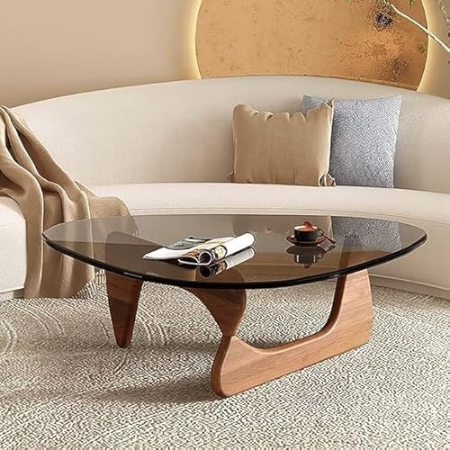 YHQIOWP Dreieck Couchtisch Glasplatte,Mid-Century Modern Couchtisch für Wohnzimmer,Abstrakt Glas Couchtisch mit Holz Basis,Retro Oval Couchtische für Home Office(Natural a)
