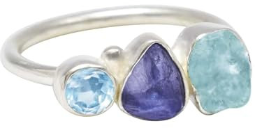 Aquamarin mit Tansanit-Ring für Frauen, handgefertigter Rohstein-Tansanit-einfacher Ring, Ring aus 925er Sterlingsilber, natürlicher Rohkristall-Edelstein-Aquamarin-Ring, Hilling-Geburtsstein-Ring