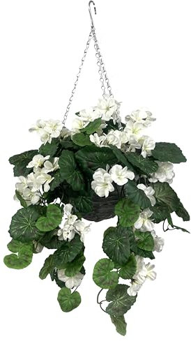 GreenBrokers Artificial White Geranium Grey Rattan Hanging Basket with Vine (25cm)