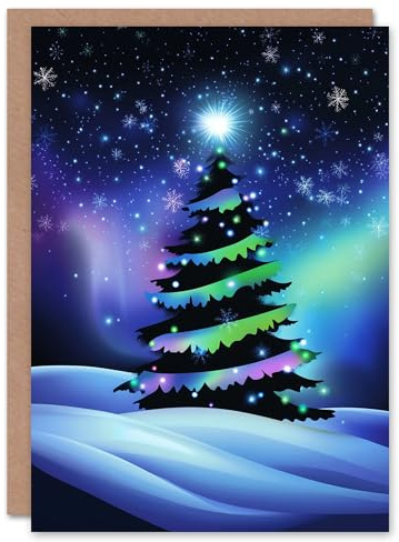 Artery8 Personalised Snow Covered Tree Aurora Borealis For Him Or Her Art Christmas Card