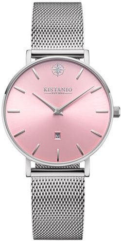 Kistanio Petit Damenuhr mit Milanaiseband Datum Edelstahl Rosa Saphirglas SI-ZRO-M