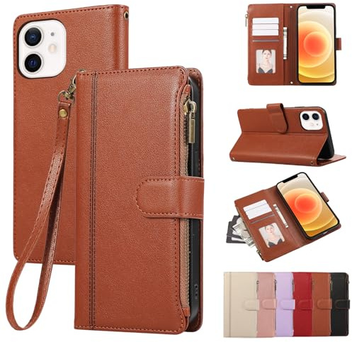 Rosbtib Handyhülle für iPhone 12/iPhone 12 Pro 5G 2020 6.1 Lederhülle Reißverschluss Magnetverschluss Brieftasche mit 4 Kartenfächern Standfuntion Retro Ledertasche iPhone 12/12 Pro Hülle, Braun
