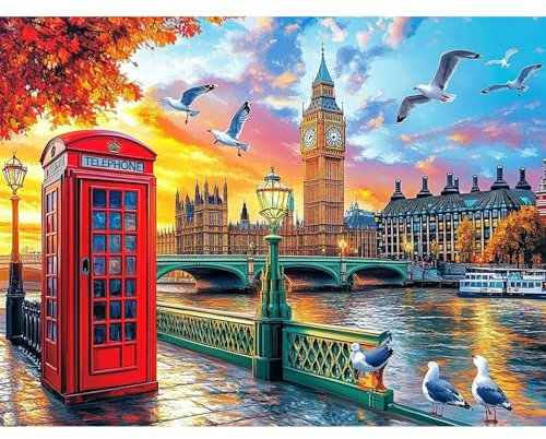 KEYIFA Côte de Londres Peinture par Numéros pour Adulte, Kits de Peinture au Numéro avec Acrylique, DIY Ville Creatif Toile Paint by Numbers Kits, Décoration de Maison 30x40cm