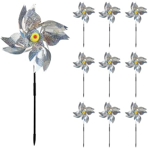 JASFLY 10 Molinos de Viento para pájaros, Repelente de Palomas, Molino de Viento Reflectante para jardín, balcón, jardín, Patio, Molino de Viento para Exteriores, ahuyentador de pájaros (Plateado)
